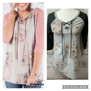 12 PM By Mon Ami Faded Gray Floral Lace-Up Raglan